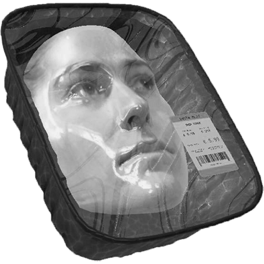 Julia Borelli's face in a meat package created with an Instagram
        filter