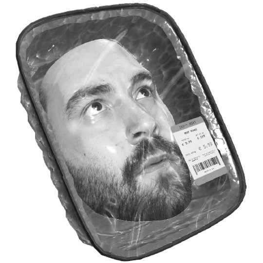 Yuval Miller's face in a meat package created with an Instagram
          filter